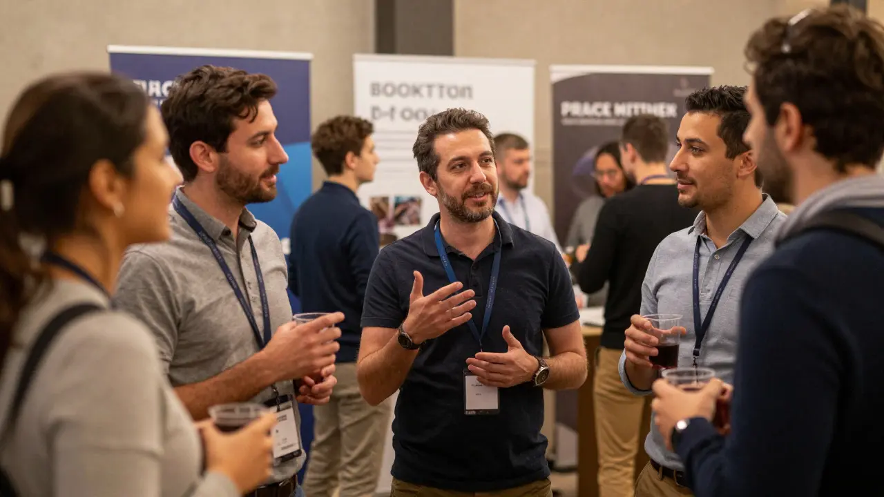 Grupo diverso de profissionais de tecnologia conversando e fazendo networking em um evento local