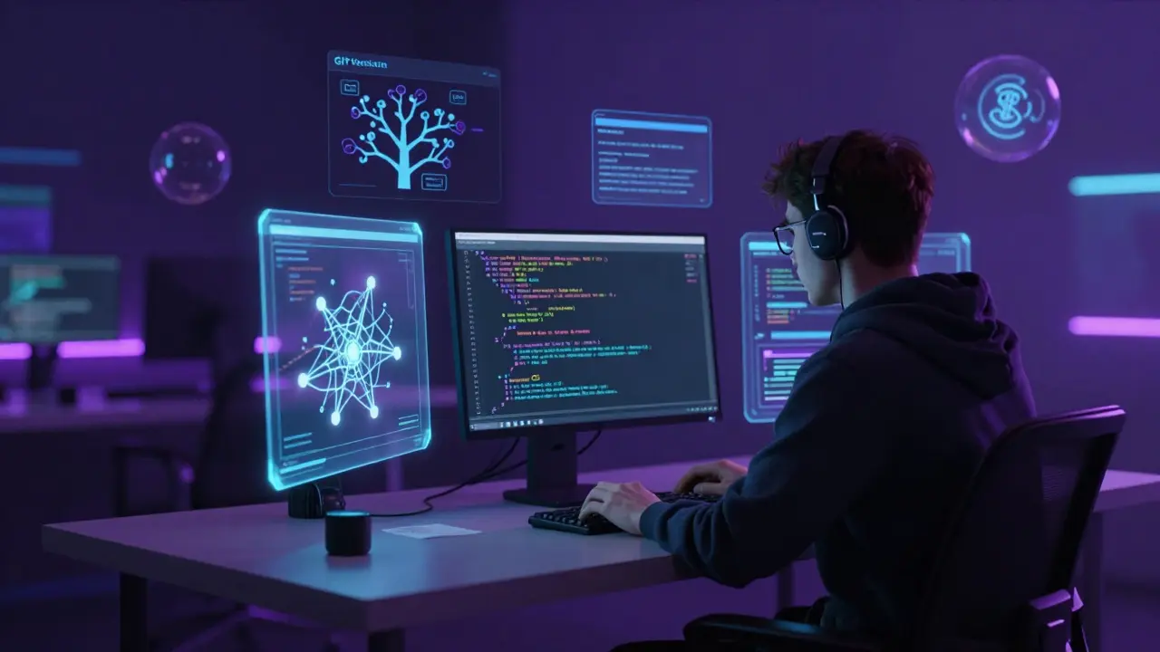 Programador focado em ambiente futurista com interfaces de código flutuantes