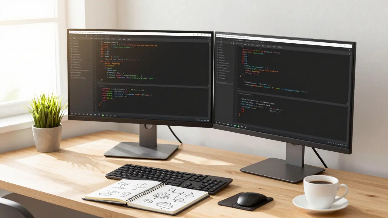 Ambiente de trabalho organizado com monitores mostrando código e diagramas no papel