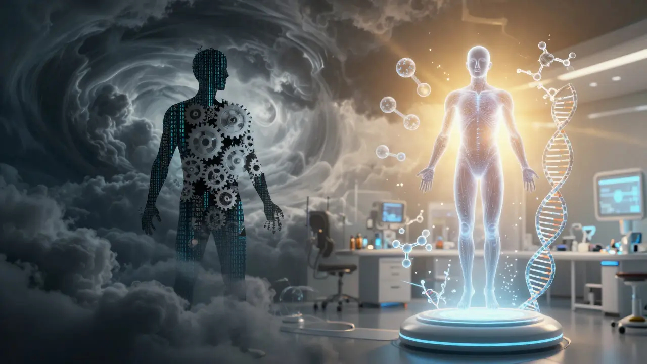 Arte conceitual dividida entre caos tecnológico e avanço médico luminoso.