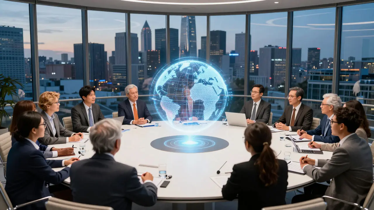 Grupo diverso discutindo em torno de uma mesa com projeção holográfica do globo