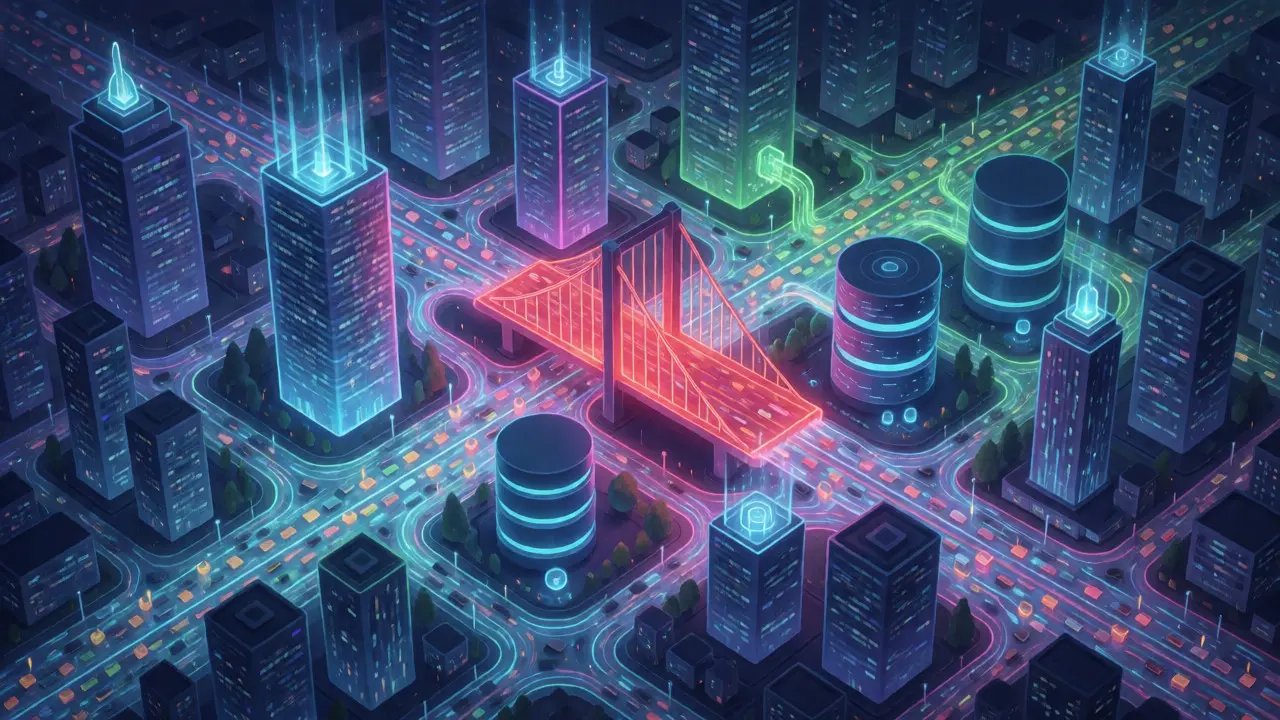 Ilustração digital de arquitetura de software como cidade noturna com fluxo de dados.