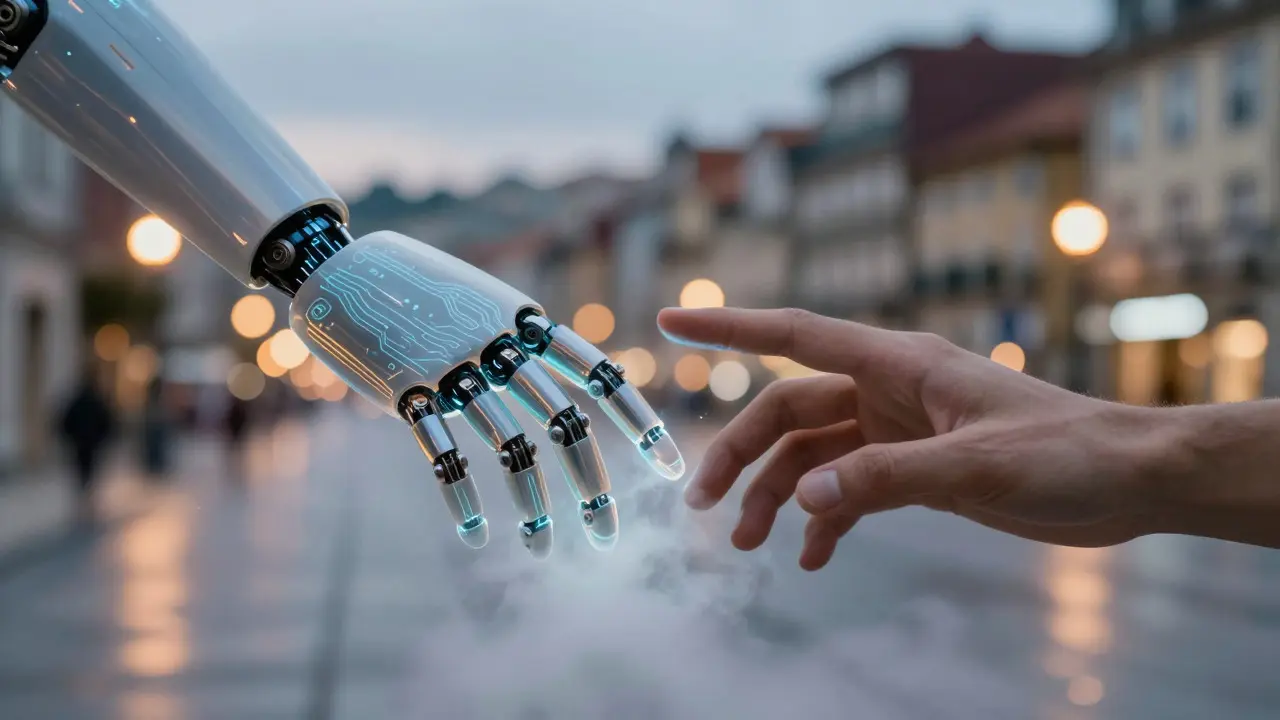 Mão humana tocando mão robótica translúcida com cidade ao fundo ao entardecer.