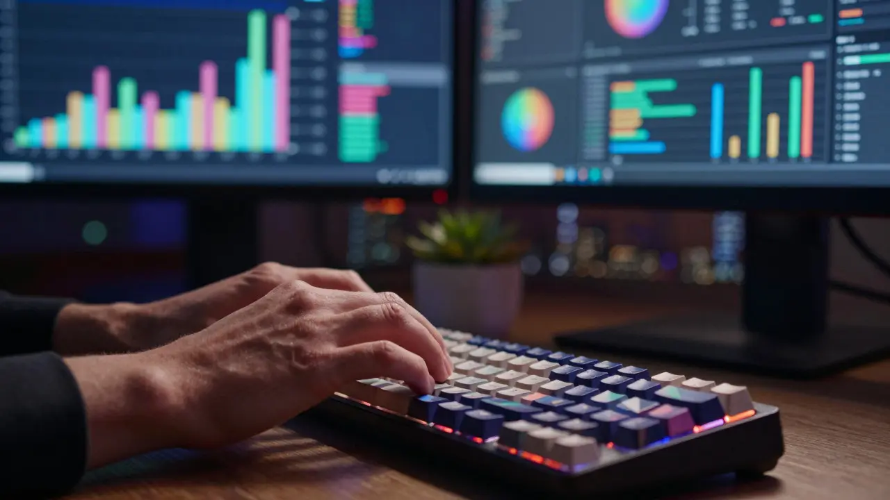 Mãos digitando em teclado mecânico com visualizações de dados vibrantes no fundo
