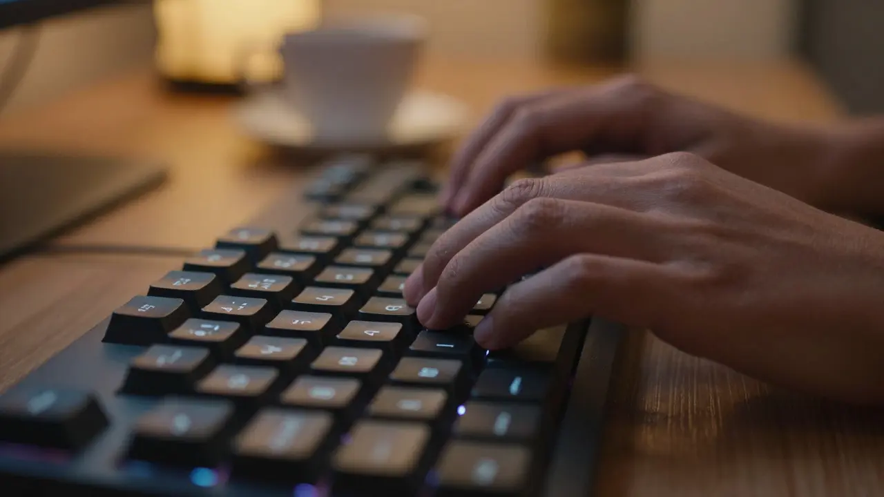 Mãos no teclado mecânico, destacando atalhos e produtividade