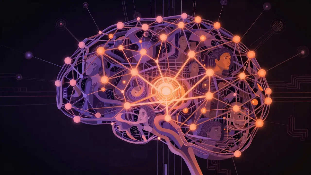 Rede neural gigante com rostos humanos distorcidos dentro dos nós luminosos