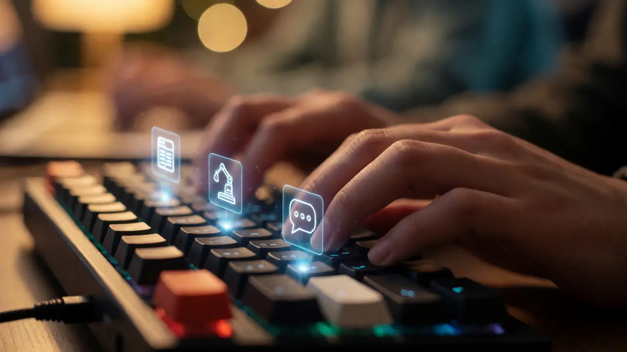 Mãos digitando com ícones de aprendizado de IA